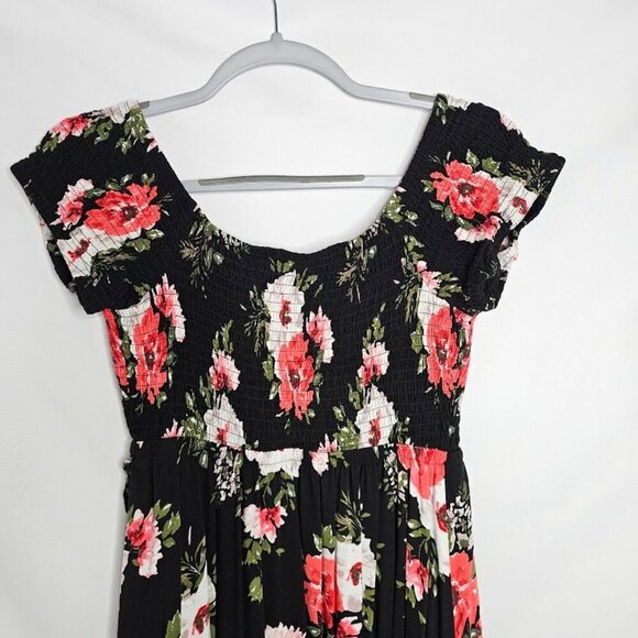 TORRID Challis Maxi Dress BLACK w PINK & WHITE Floral size 00 M 10 Hi-Low Hem - Picture 11 of 11